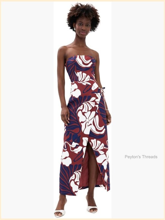 Dresses & Skirts - Maxi Dress with Tropical Print, Wrap Silhouette, Strapless, Sleeveless,